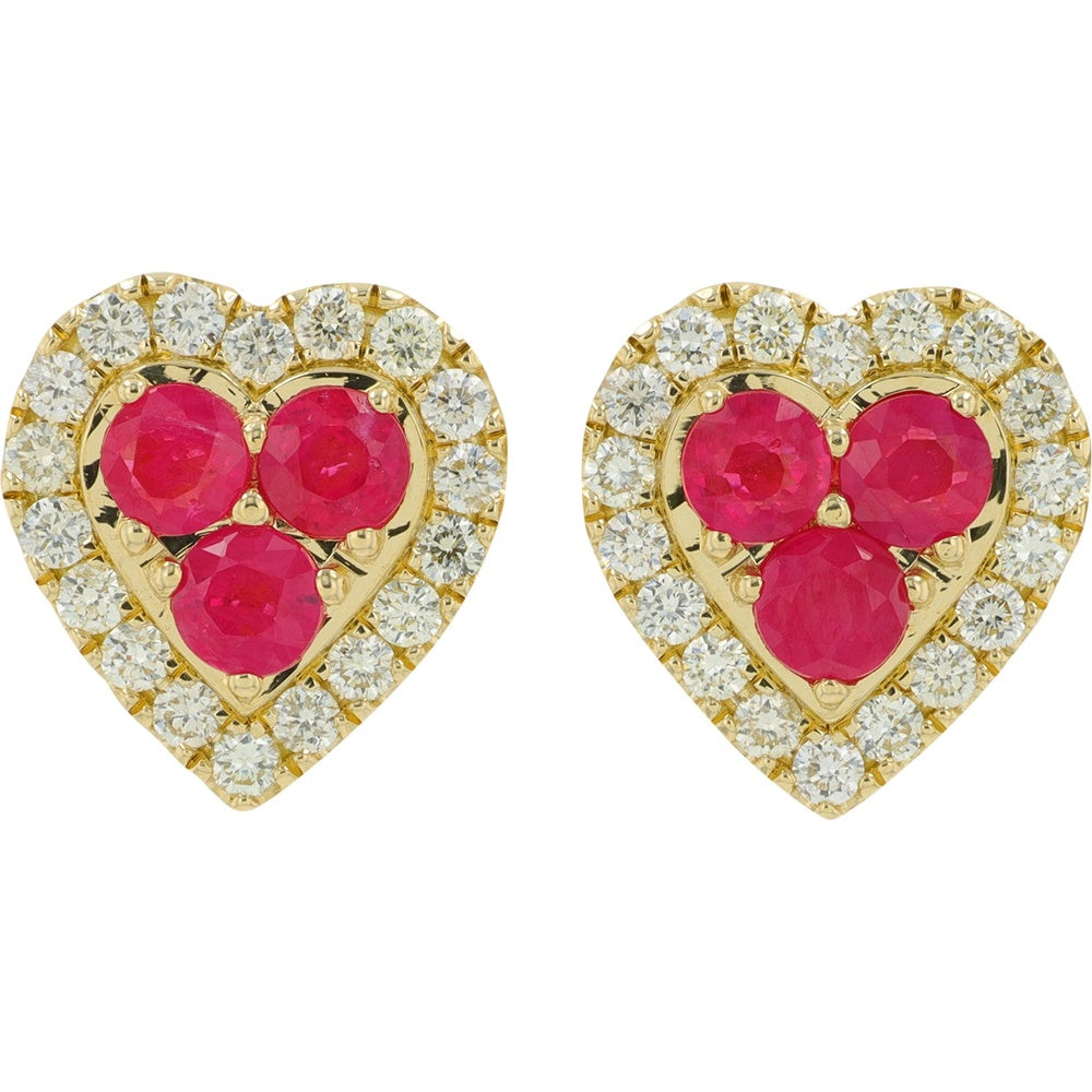 14K Yellow Gold Heart-Shaped Ruby Stud Earrings with Diamond Halo - 1.00 Carat Total Ruby Weight and 0.50 Carat Total Diamond Weight