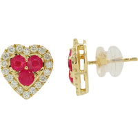 14K Yellow Gold Heart-Shaped Ruby Stud Earrings with Diamond Halo - 1.00 Carat Total Ruby Weight and 0.50 Carat Total Diamond Weight