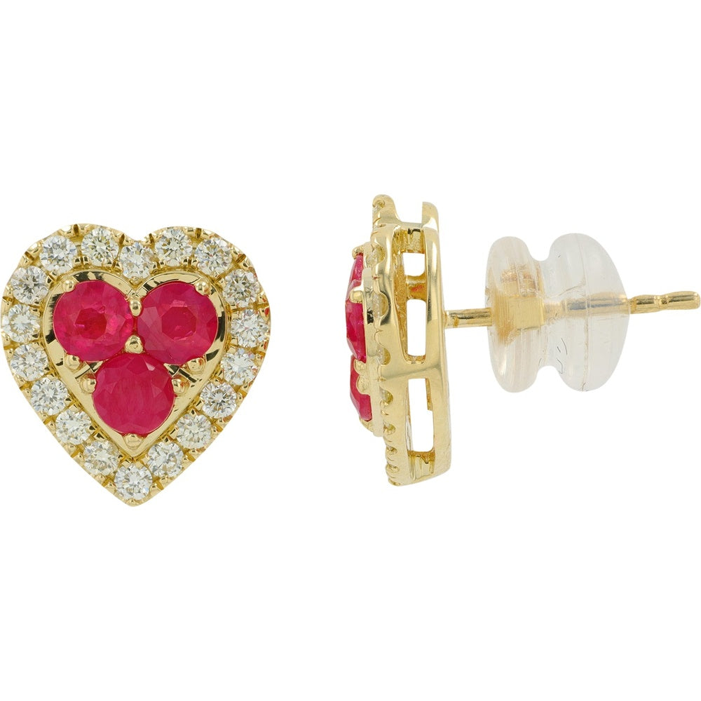 14K Yellow Gold Heart-Shaped Ruby Stud Earrings with Diamond Halo - 1.00 Carat Total Ruby Weight and 0.50 Carat Total Diamond Weight