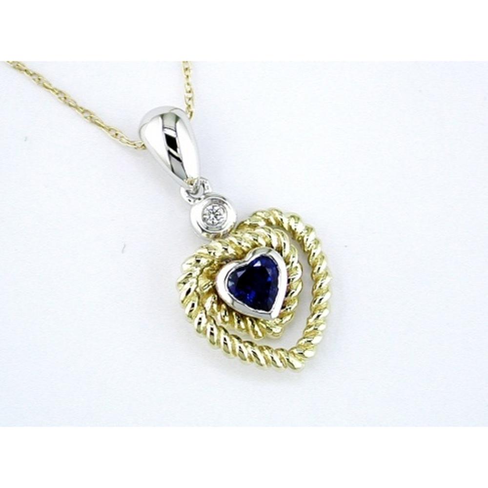 14K Yellow Gold Heart-Shaped Sapphire and Diamond Pendant with Twisted Rope Frame - 0.30 Carats Sapphire, 0.02 Carats Diamond