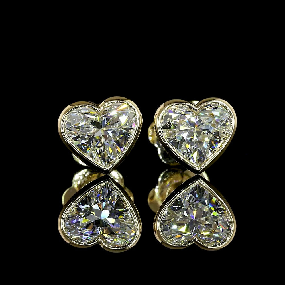 14K Yellow Gold Heart Shaped Stud Earrings with Bezel Set Lab Grown Diamonds - 2.07 Carat Total Weight - Covaloro Fine Jewelry