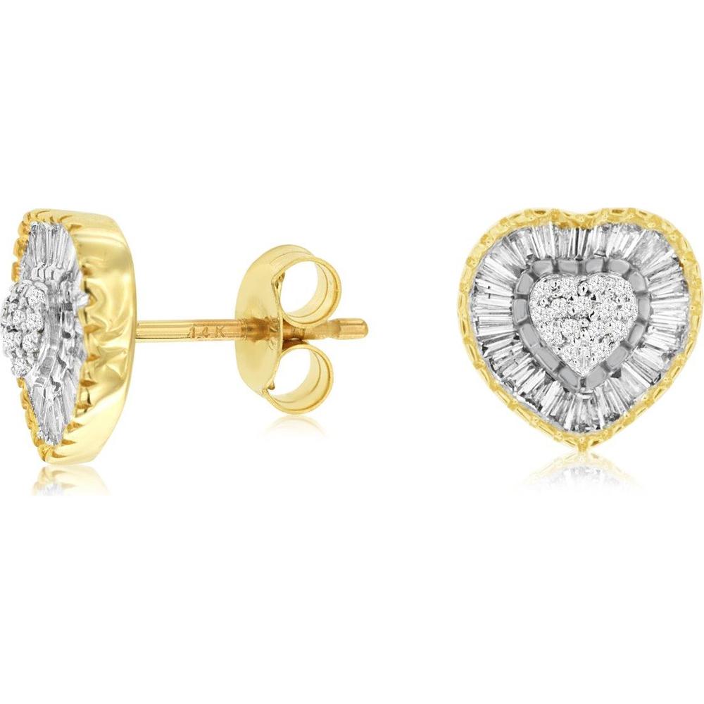 14K Yellow Gold Heart-Shaped Stud Earrings with Clustered Round and Tapered Baguette Diamonds - 0.54 Carat Total Diamond Weight - Royal Jewelry