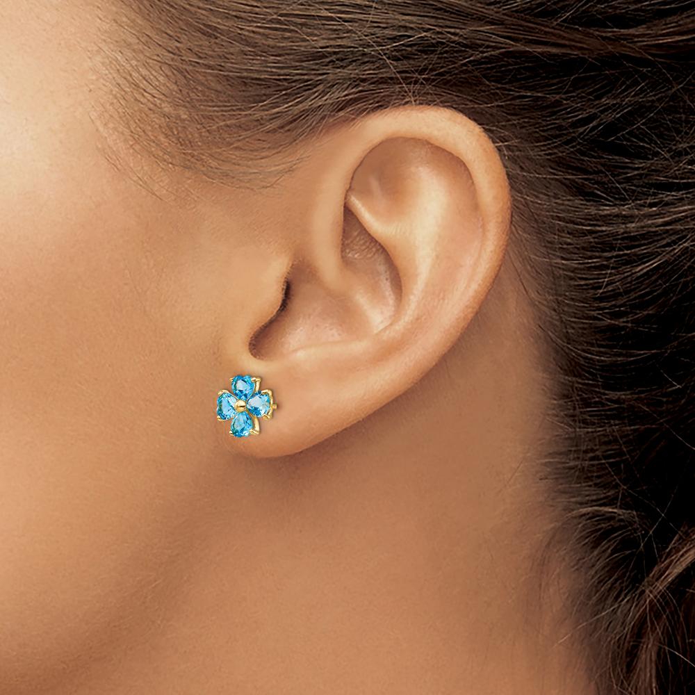 14K Yellow Gold Heart-shaped Swiss Blue Topaz Flower Post Earrings - 2.28 Carat Total Gem Weight by Monteluci Fine Jewelry