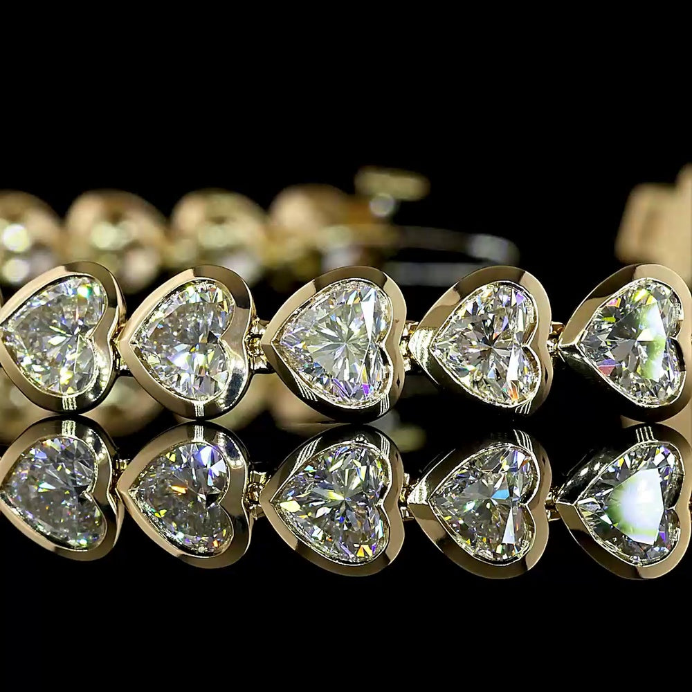 14K Yellow Gold Heart Shaped Tennis Bracelet with Bezel Set Lab Grown Diamonds - 11.08 Carat Total Diamond Weight - Covaloro Fine Jewelry