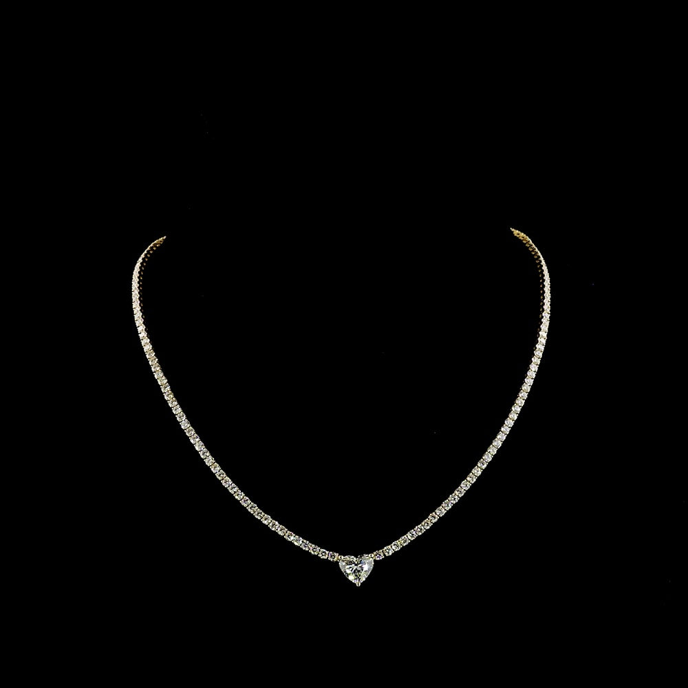14K Yellow Gold Heart-Shaped Tennis Necklace with 2.07 Carats Center and 9.95 Carats Total Lab Diamonds - E-F VS1 - Covaloro Fine Jewelry