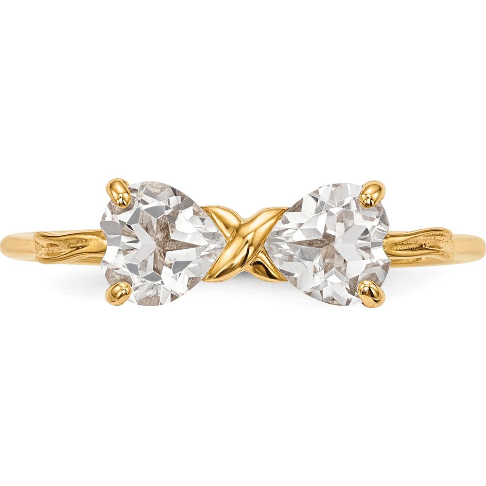 14K Yellow Gold Heart-Shaped White Topaz Bow Ring - 2x5mm Stones by Oro Pregiato