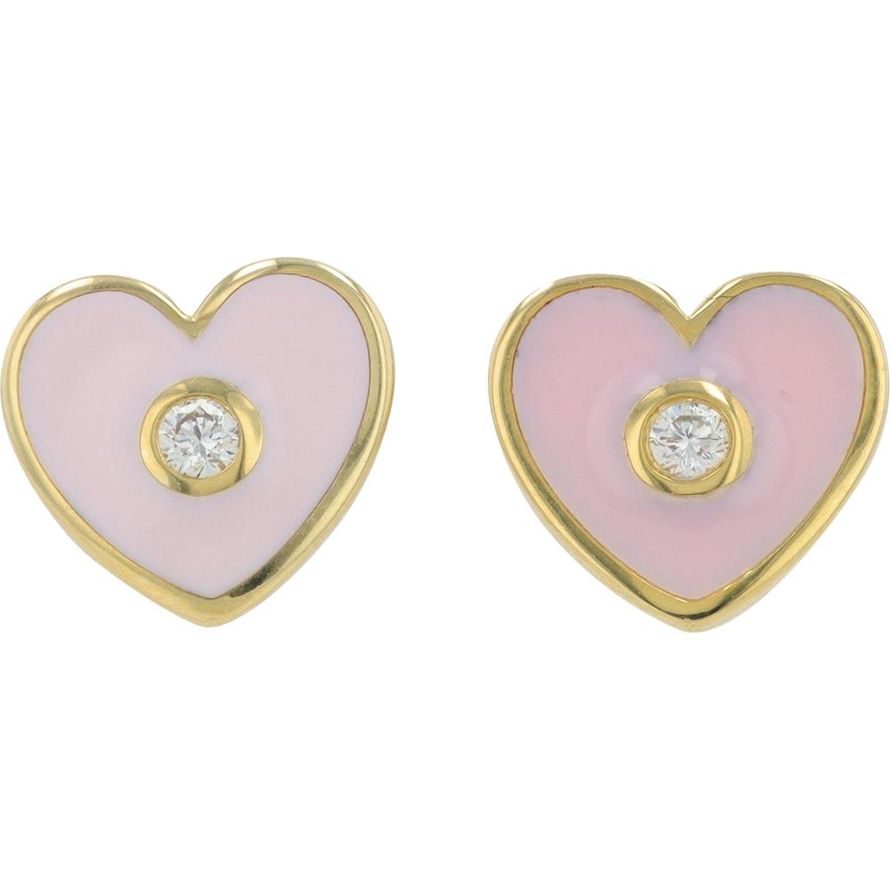 14K Yellow Gold Heart Stud Earrings with 0.06 Carat Diamond and Pink Enamel