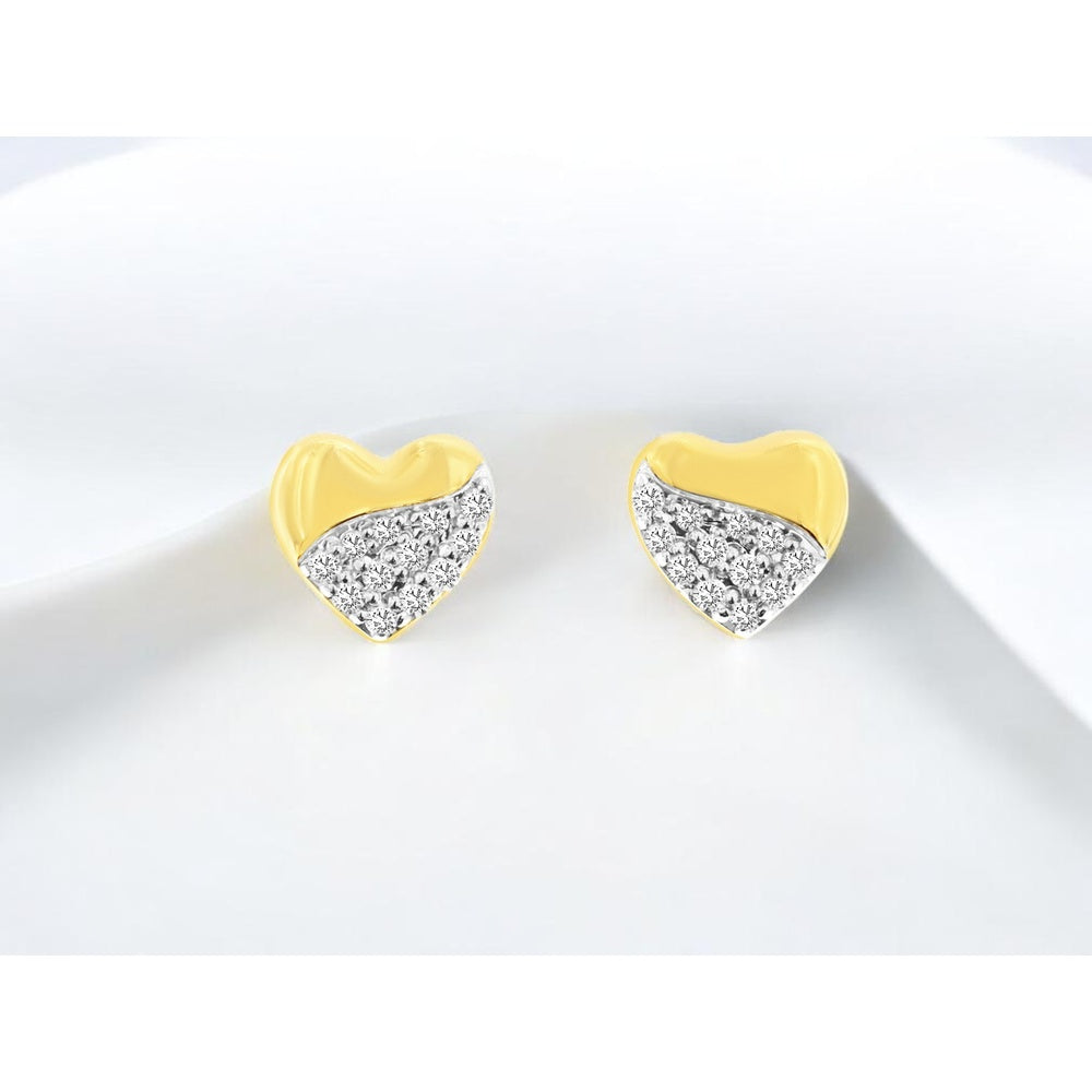 14K Yellow Gold Heart Stud Earrings with Pavé Set Round Diamonds - 0.09 Carat Total Diamond Weight - Royal Jewelry