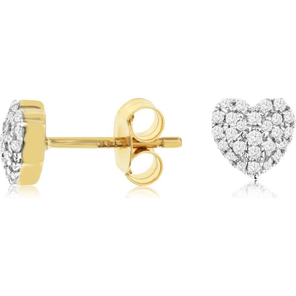 14K Yellow Gold Heart Stud Earrings with Pavé Set Round Diamonds - 0.25 Carat Total Diamond Weight - Royal Jewelry