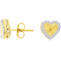 14K Yellow Gold Heart Stud Earrings with Sunburst Finish and Halo Set Round Diamonds - 0.18 Carat Total Diamond Weight - Royal Jewelry