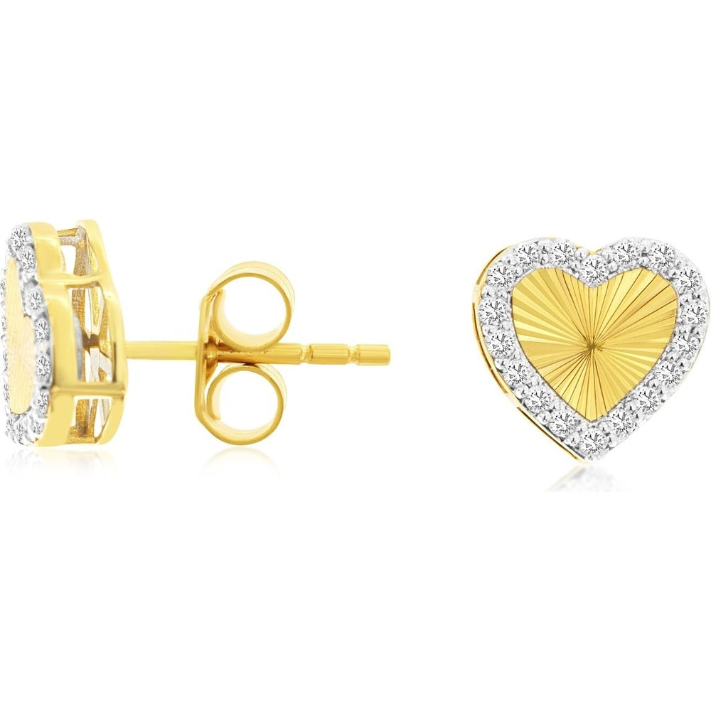 14K Yellow Gold Heart Stud Earrings with Sunburst Finish and Halo Set Round Diamonds - 0.18 Carat Total Diamond Weight - Royal Jewelry