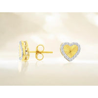 14K Yellow Gold Heart Stud Earrings with Sunburst Finish and Halo Set Round Diamonds - 0.18 Carat Total Diamond Weight - Royal Jewelry