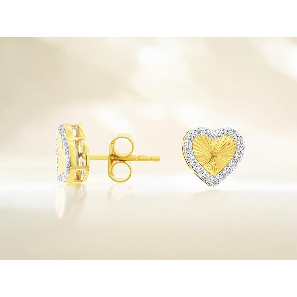 14K Yellow Gold Heart Stud Earrings with Sunburst Texture and Halo-Set Round Diamonds - 0.18 Carat Total Diamond Weight - Royal Jewelry