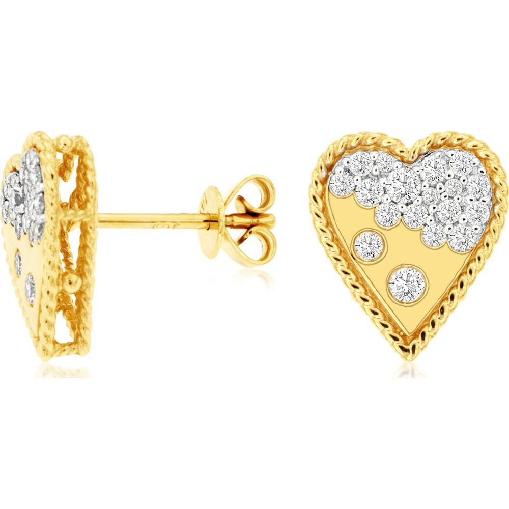 14K Yellow Gold Heart Stud Earrings with Twisted Rope Border and Round Diamond Cluster - 0.35 Carat Total Diamond Weight - Royal Jewelry