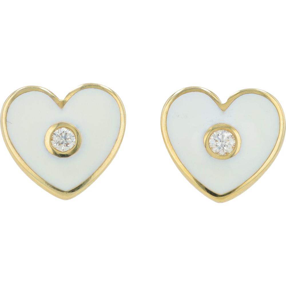 14K Yellow Gold Heart Stud Earrings with White Enamel and Diamond Accent - 0.06 Carat Total Diamond Weight