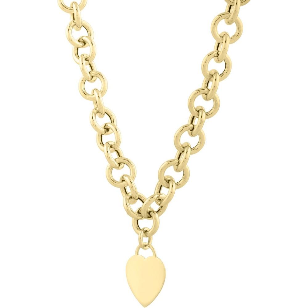 14K Yellow Gold Heart Tag & Rolo Link Necklace - 18" Polished Chain with Fancy Lobster Clasp by Orozza Fine Jewelry