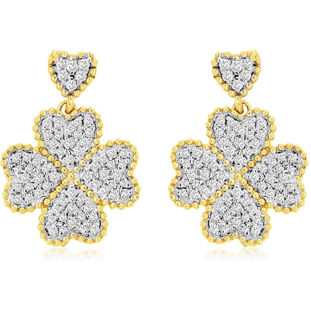 14K Yellow Gold Heart Top Four-Leaf Clover Drop Earrings with Pavé Set Round Diamonds - 0.43 Carat Total Diamond Weight - Royal Jewelry