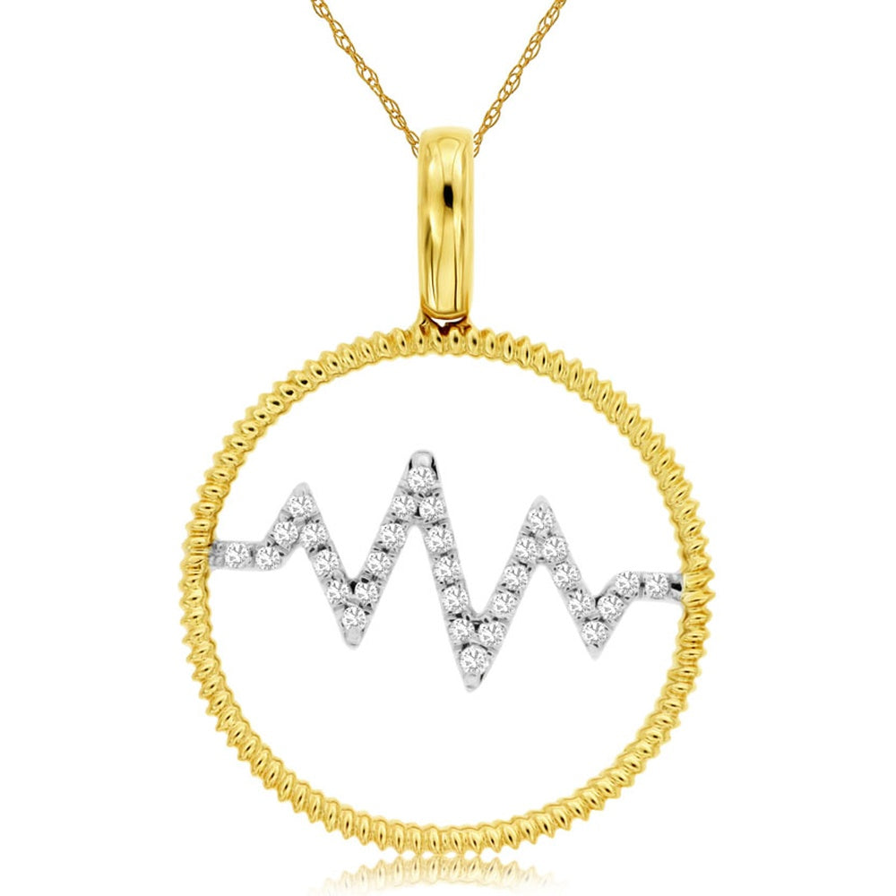 14K Yellow Gold Heartbeat Pendant with Milgrain Frame and Prong-Set Round Diamonds - 0.12 Carat Total Diamond Weight - Royal Jewelry