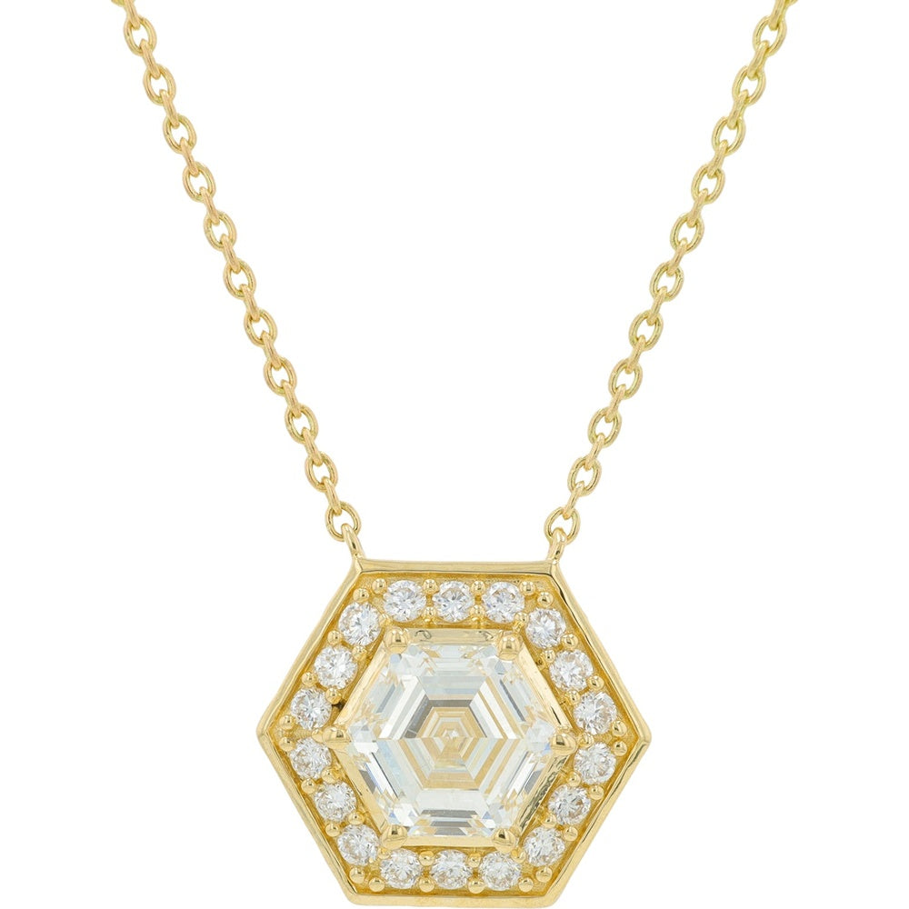 14K Yellow Gold Hexagon Halo Pendant Necklace with 1.00 Carat Center and 1.25 Carat Total Lab Grown Diamonds