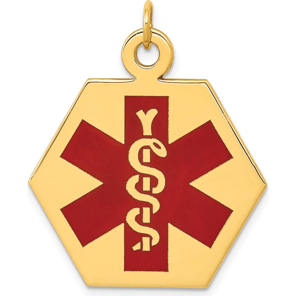 14K Yellow Gold Hexagon Red Enameled Medical Alert Pendant by Oro Pregiato