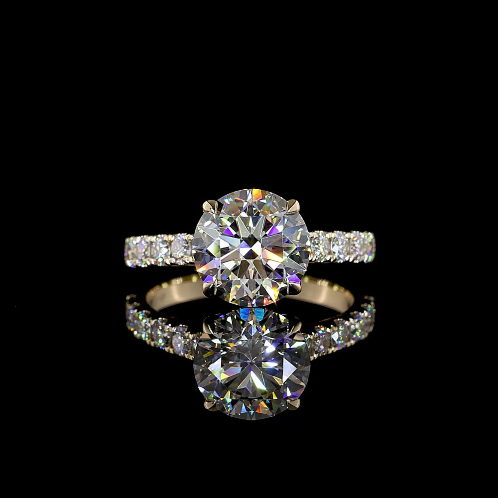 14K Yellow Gold Hidden Halo Engagement Ring with 3.03 Carat Round Brilliant Lab Diamond Center and Accent Band - 3.74 Total Carat Weight - Covaloro Fine Jewelry