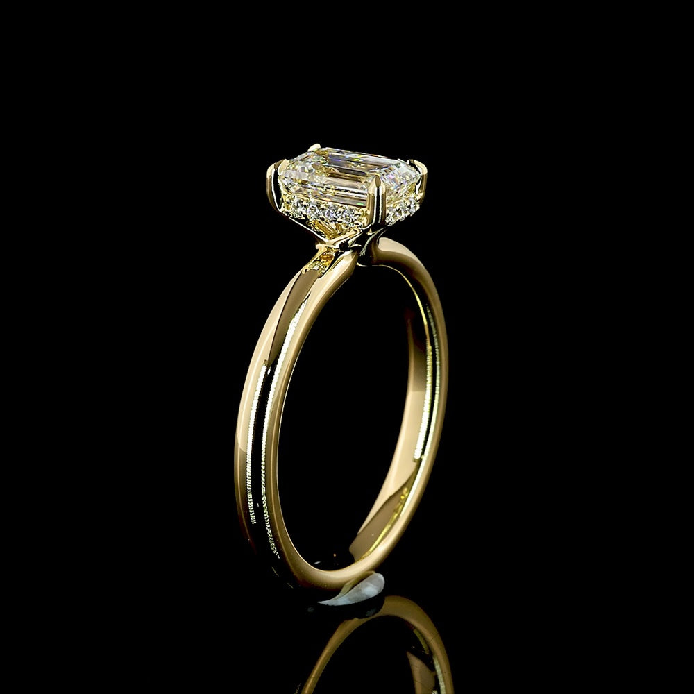 14K Yellow Gold Hidden Halo Ring with 1.03 Carat Emerald Cut Lab Diamond and 0.07 Carat Brilliant Cut Accents - 1.10 Carat Total Weight - Covaloro Fine Jewelry
