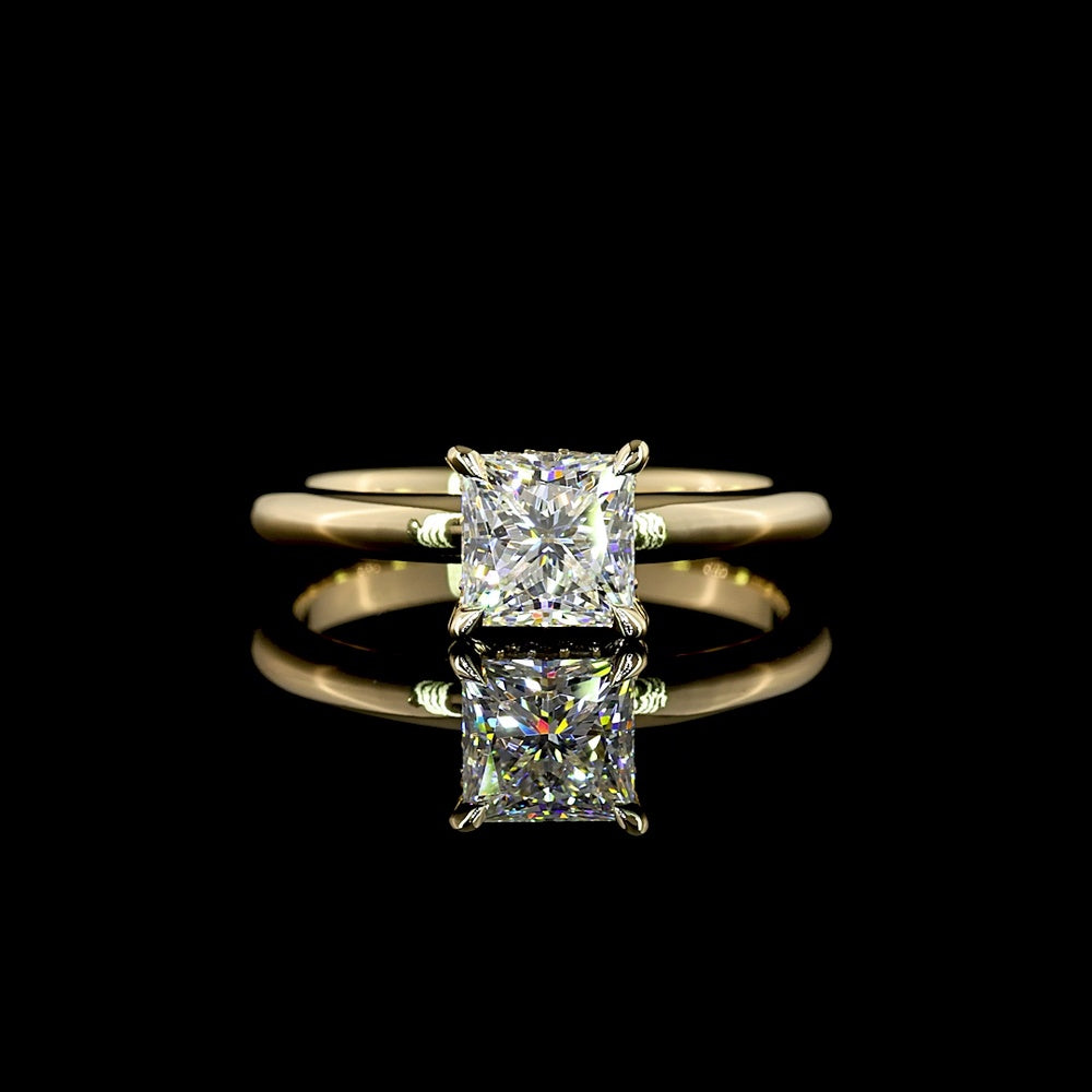 14K Yellow Gold Hidden Halo Ring with 1.03 Carat Princess Cut Lab Diamond and 0.05 Carat Brilliant Cut Accent Diamonds - 1.08 Carat Total Diamond Weight - Covaloro Fine Jewelry
