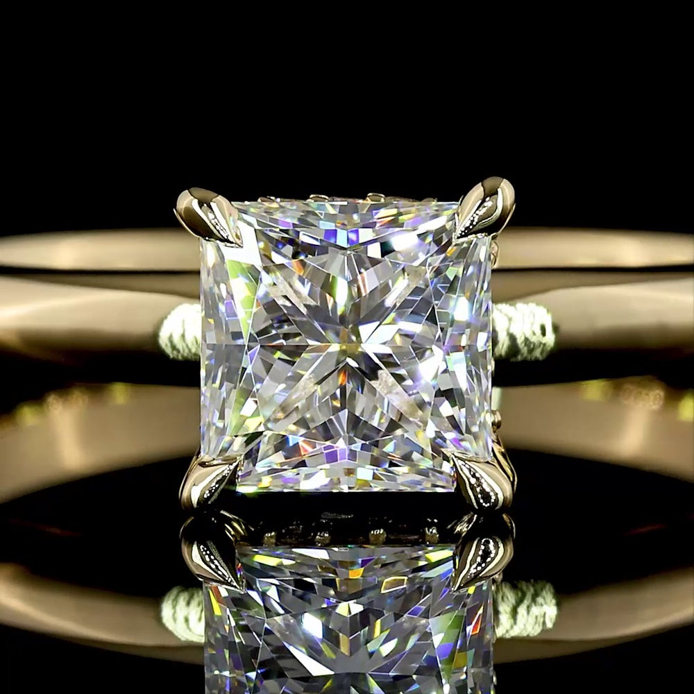 14K Yellow Gold Hidden Halo Ring with 1.03 Carat Princess Cut Lab Diamond and 0.05 Carat Brilliant Cut Accent Diamonds - 1.08 Carat Total Diamond Weight - Covaloro Fine Jewelry