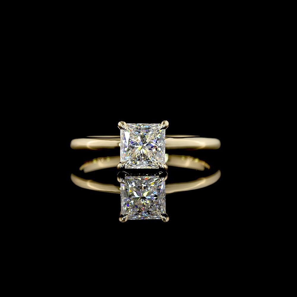 14K Yellow Gold Hidden Halo Ring with 1.08 Carats Princess Cut Lab Diamond and 0.05 Carats Brilliant Cut Lab Diamonds - 1.13 Carats Total Diamond Weight - IGI Certified E VVS2 - Covaloro Fine Jewelry