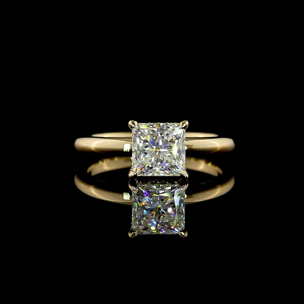 14K Yellow Gold Hidden Halo Ring with 1.54 Carat Princess Cut Lab Diamond and 0.06 Carat Brilliant Cut Diamond Accents - IGI Certified E VS1 - Covaloro Fine Jewelry