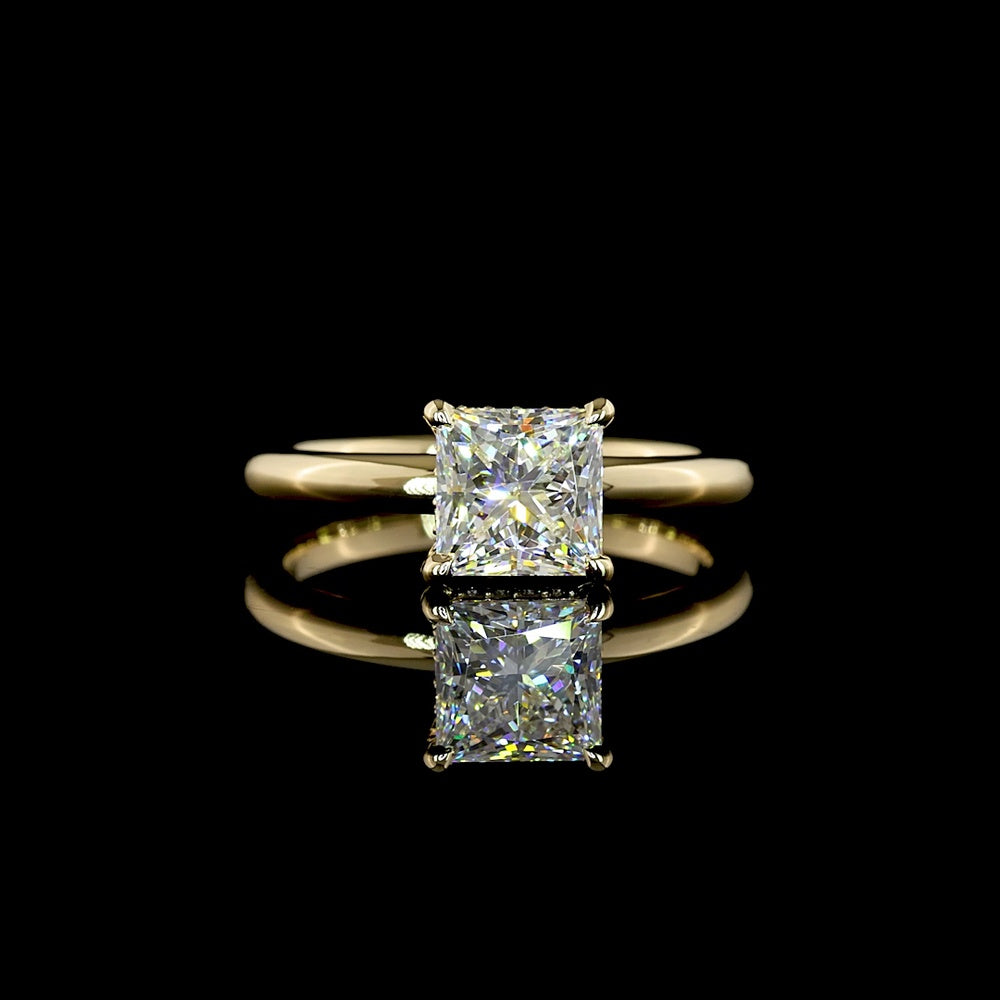 14K Yellow Gold Hidden Halo Ring with 1.54 Carats Princess Cut Lab Diamond and 0.06 Carats Round Brilliant Accents - 1.6 Carats Total Diamond Weight - IGI Certified - Covaloro Fine Jewelry