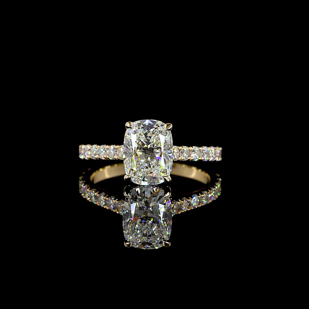 14K Yellow Gold Hidden Halo Ring with 2.06 Carat Cushion Brilliant Cut Lab Diamond and 0.71 Carat Round Brilliant Accents - 2.77 Carat Total Diamond Weight IGI Certified - Covaloro Fine Jewelry