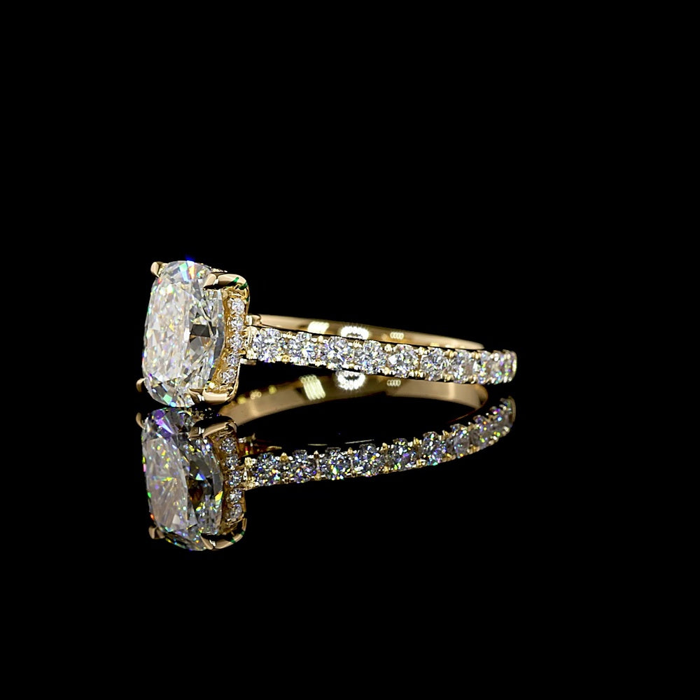 14K Yellow Gold Hidden Halo Ring with 2.06 Carat Cushion Brilliant Cut Lab Diamond and 0.71 Carat Round Brilliant Accents - 2.77 Carat Total Diamond Weight IGI Certified - Covaloro Fine Jewelry
