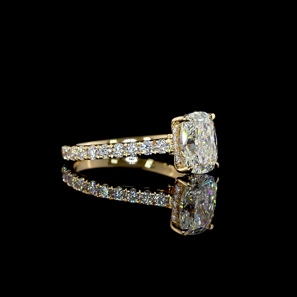 14K Yellow Gold Hidden Halo Ring with 2.06 Carat Cushion Brilliant Cut Lab Diamond and 0.71 Carat Round Brilliant Accents - 2.77 Carat Total Diamond Weight IGI Certified - Covaloro Fine Jewelry