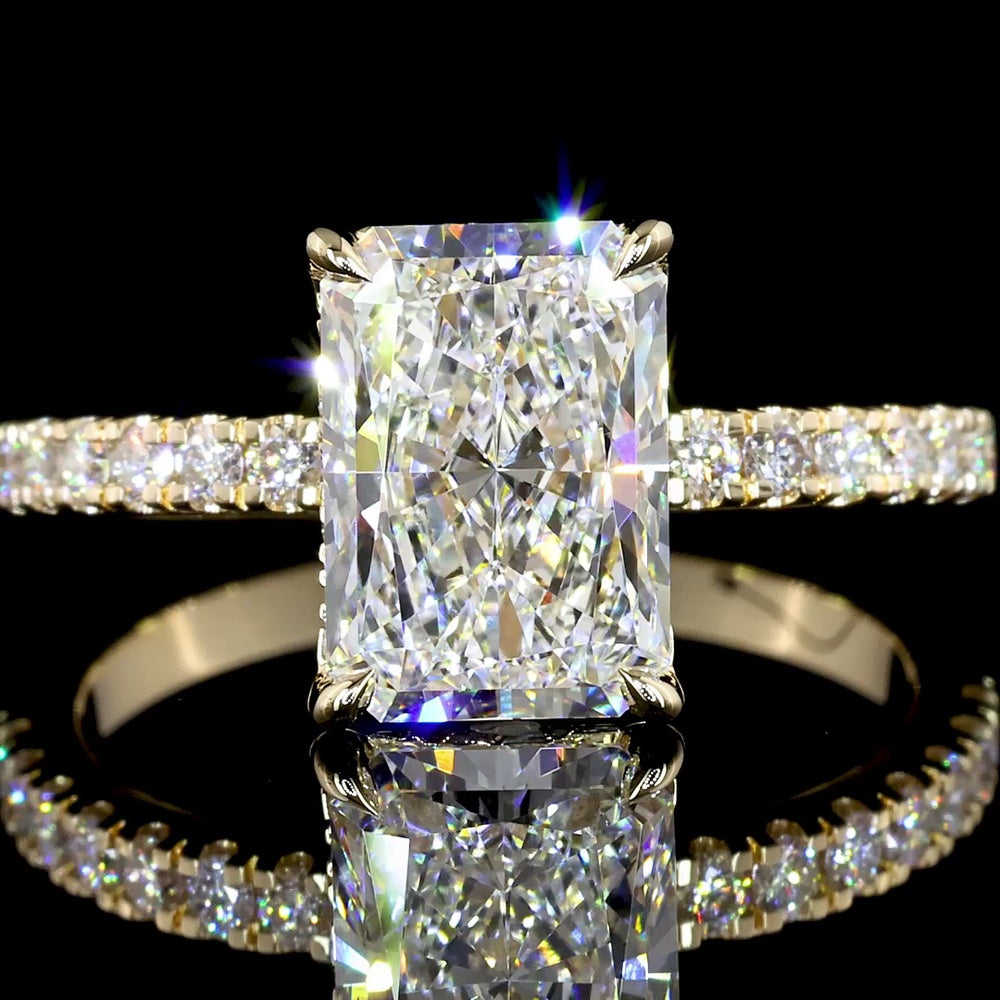 14K Yellow Gold Hidden Halo Ring with 2.13 Carat Radiant Cut Lab Diamond and 0.75 Carat Total Accent Diamonds - GIA Certified E VS1 - Covaloro Fine Jewelry