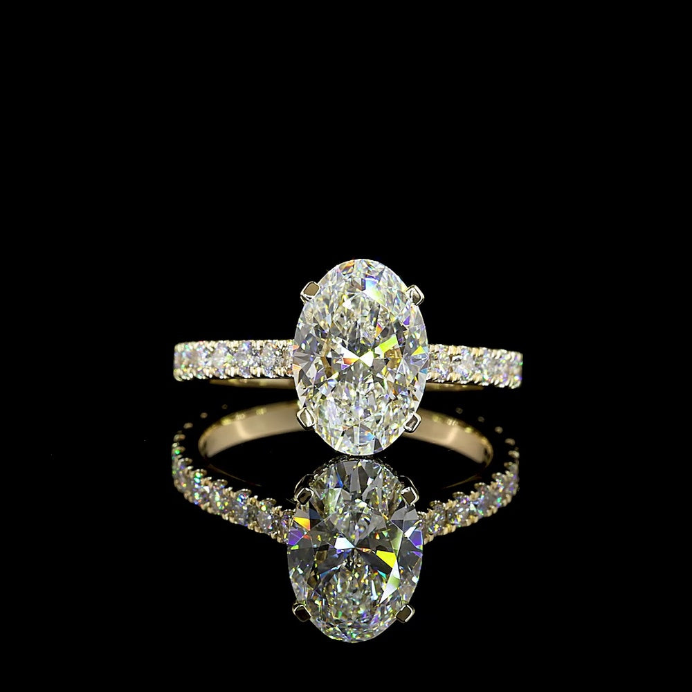 14K Yellow Gold Hidden Halo Ring with 2.56 Carat Oval Lab Diamond and 0.76 Carat Accent Stones - 3.32 Carat Total Diamond Weight - Covaloro Fine Jewelry