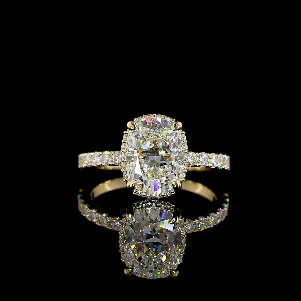 14K Yellow Gold Hidden Halo Ring with 2.59 Carat Cushion Brilliant Lab Diamond and 0.57 Carat Round Accent Diamonds - Total 3.16 Carat Weight - Covaloro Fine Jewelry