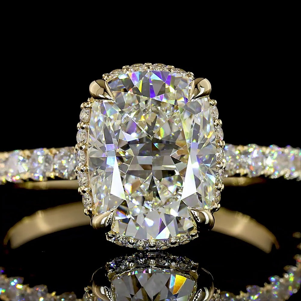 14K Yellow Gold Hidden Halo Ring with 2.59 Carat Cushion Brilliant Lab Diamond and 0.57 Carat Round Accent Diamonds - Total 3.16 Carat Weight - Covaloro Fine Jewelry