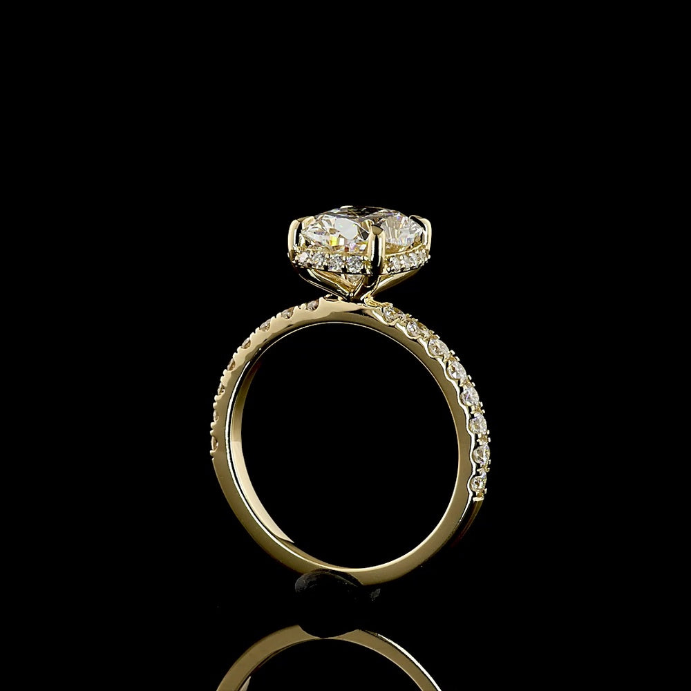 14K Yellow Gold Hidden Halo Ring with 2.59 Carat Cushion Brilliant Lab Diamond and 0.57 Carat Round Accent Diamonds - Total 3.16 Carat Weight - Covaloro Fine Jewelry