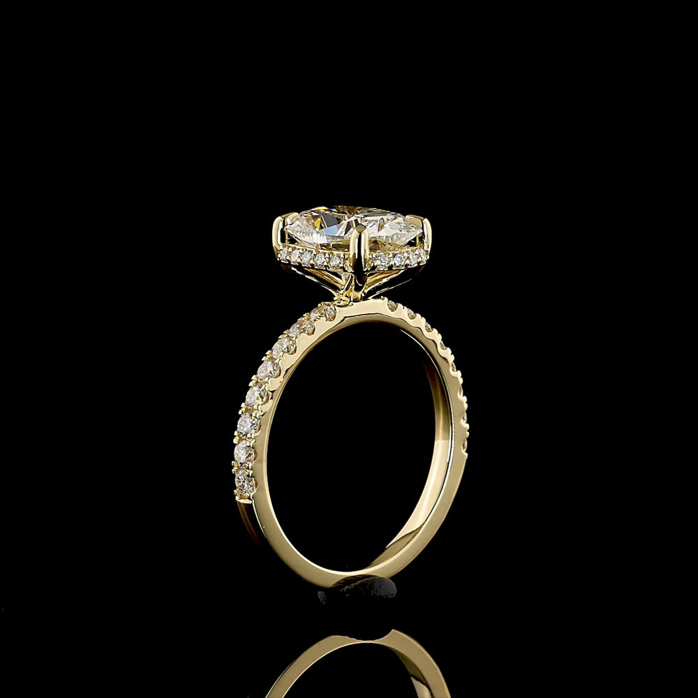 14K Yellow Gold Hidden Halo Ring with 2.59 Carat Cushion Brilliant Lab Diamond and 0.57 Carat Round Accent Diamonds - Total 3.16 Carat Weight - Covaloro Fine Jewelry