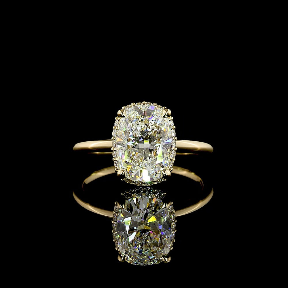 14K Yellow Gold Hidden Halo Ring with 2.60 Carat Cushion Brilliant Cut Lab Diamond and 0.19 Carat Round Diamond Accents - IGI Certified - Covaloro Fine Jewelry