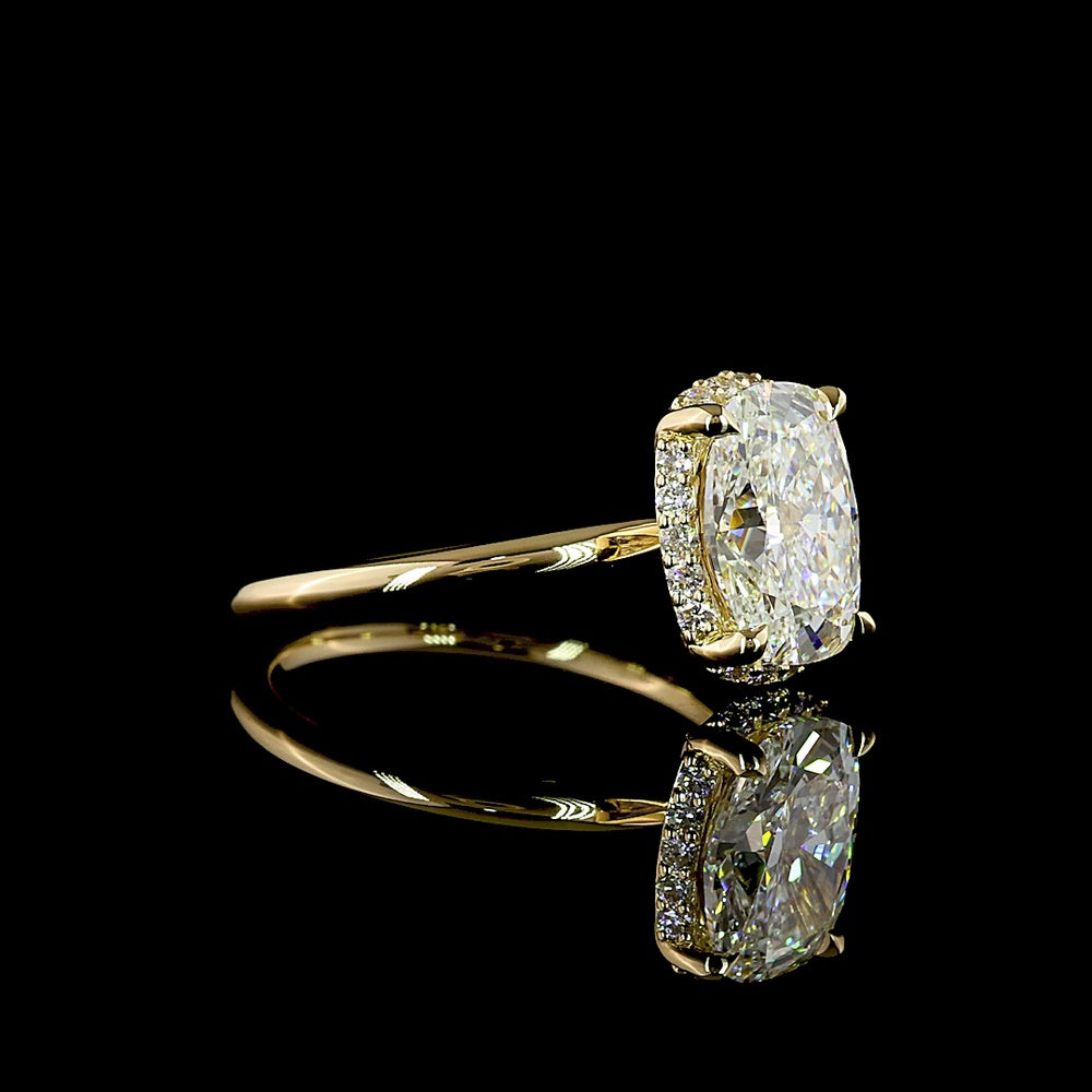 14K Yellow Gold Hidden Halo Ring with 2.60 Carat Cushion Brilliant Cut Lab Diamond and 0.19 Carat Round Diamond Accents - IGI Certified - Covaloro Fine Jewelry