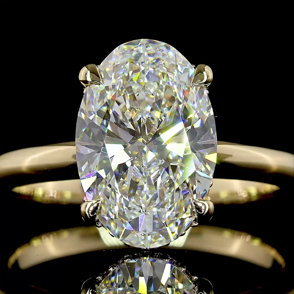 14K Yellow Gold Hidden Halo Ring with 3.04 Carat Oval Cut Lab Diamond and 0.09 Carat Accent Diamonds - IGI Certified E VVS2 - Covaloro Fine Jewelry
