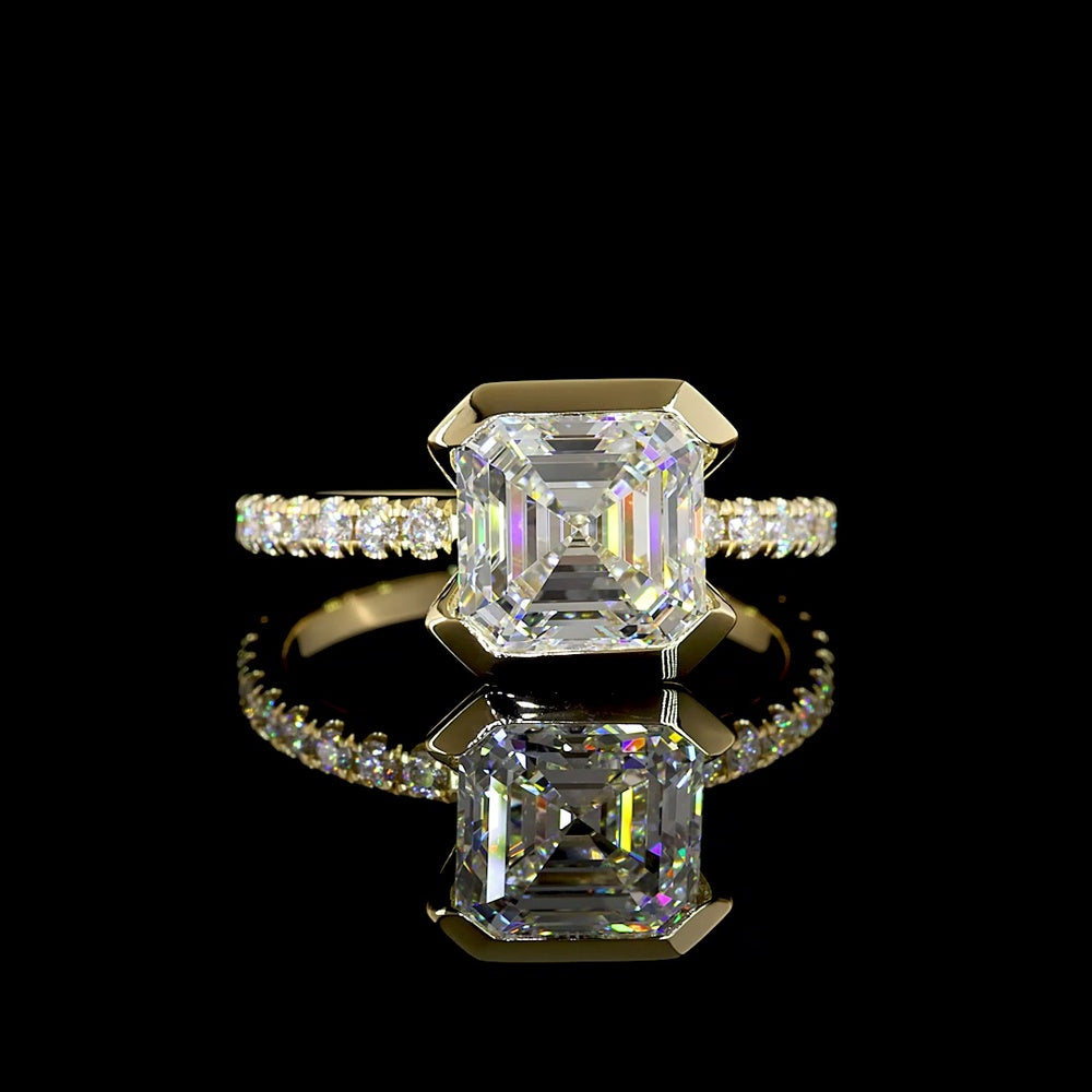 14K Yellow Gold Hidden Halo Ring with 3.09 Carat Asscher Cut Lab Diamond and 0.32 Carat Brilliant Cut Diamond Accents - 3.41 Carat Total Diamond Weight - Covaloro Fine Jewelry