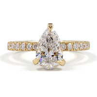 14K Yellow Gold Hidden Halo Ring with 3.12 Carat Pear Shape Lab Diamond and 0.94 Carat Round Brilliant Accents - 4.06 Total Carat Weight, E-F VS2 Clarity - Covaloro Fine Jewelry