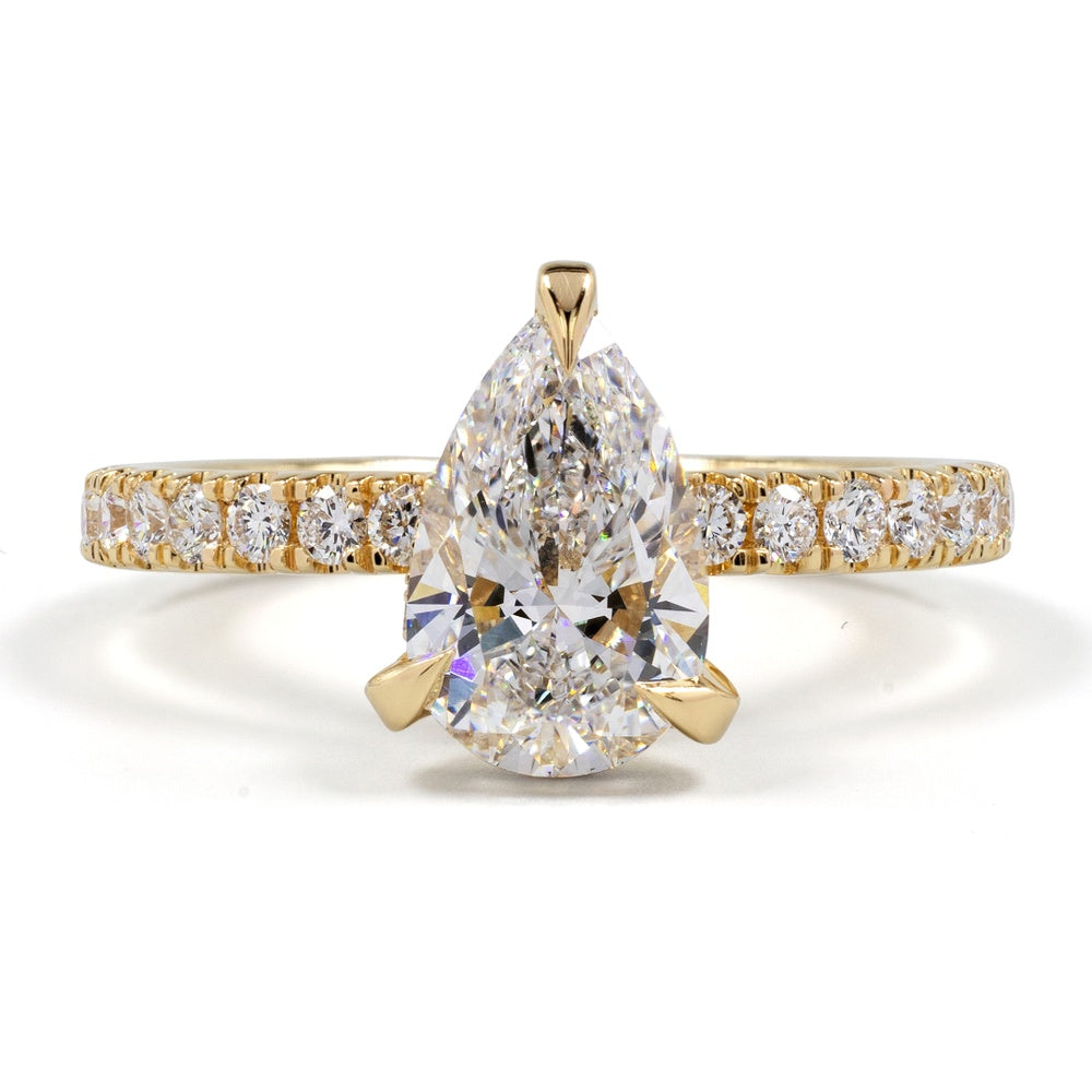 14K Yellow Gold Hidden Halo Ring with 3.12 Carat Pear Shape Lab Diamond and 0.94 Carat Round Brilliant Accents - 4.06 Total Carat Weight, E-F VS2 Clarity - Covaloro Fine Jewelry