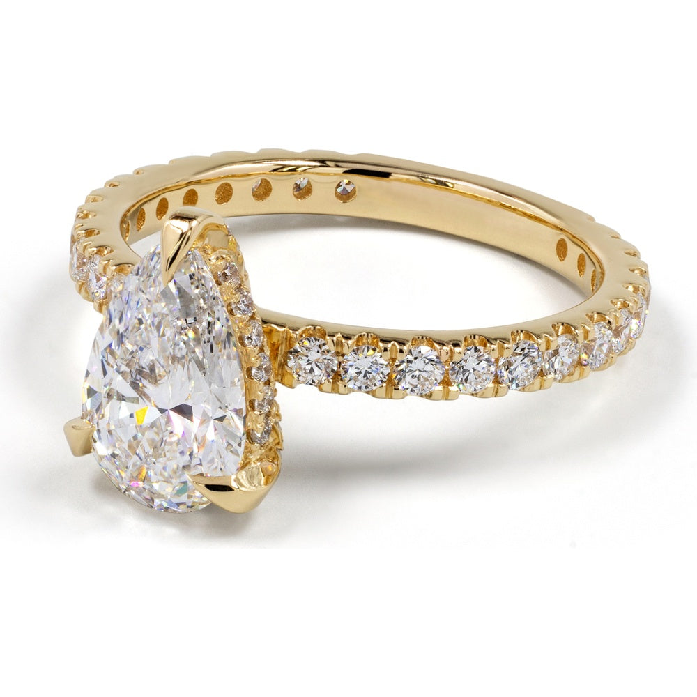 14K Yellow Gold Hidden Halo Ring with 3.12 Carat Pear Shape Lab Diamond and 0.94 Carat Round Brilliant Accents - 4.06 Total Carat Weight, E-F VS2 Clarity - Covaloro Fine Jewelry