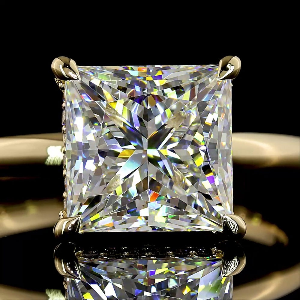 14K Yellow Gold Hidden Halo Ring with 3.24 Carat Princess Cut Lab Diamond and 0.10 Carat Round Brilliant Diamond Accents - IGI Certified E VVS1 - 3.34 Carat Total Diamond Weight - Covaloro Fine Jewelry