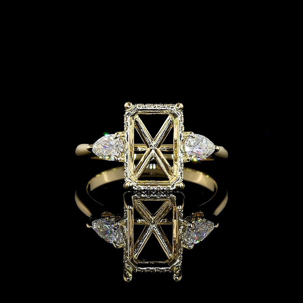 14K Yellow Gold Hidden Halo Ring with 3.60 Carats Emerald Cut Lab Diamond, Pear Shaped Side Stones, and 4.18 Carats Total Diamond Weight - GIA Certified - Covaloro Fine Jewelry