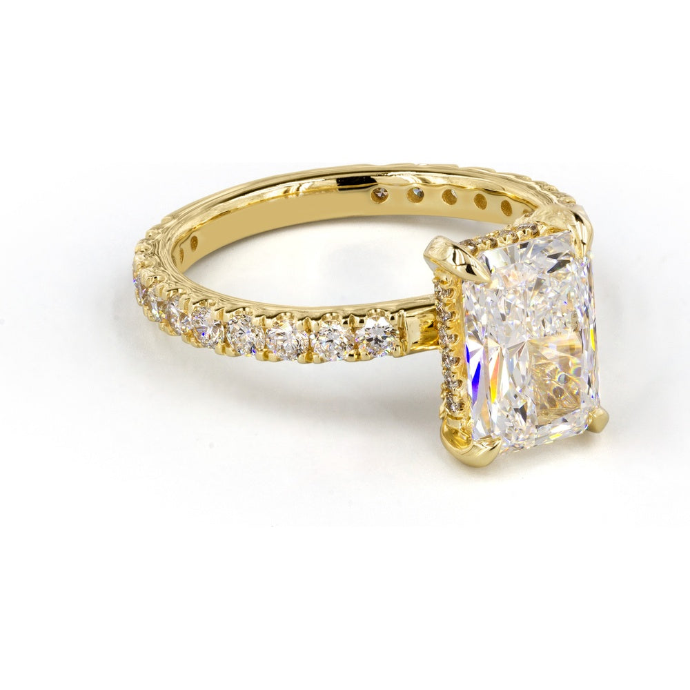 14K Yellow Gold Hidden Halo Ring with 4.07 Carat Radiant Cut Lab Diamond and 0.51 Carat Brilliant Cut Accent Diamonds - 4.58 Total Carat Weight - Covaloro Fine Jewelry